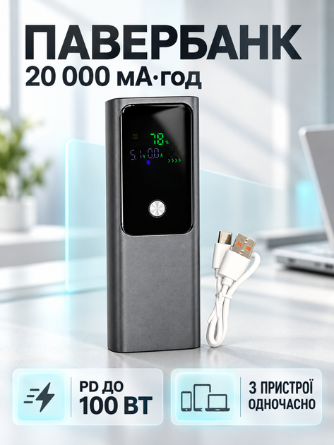 Повербанк 20000 мА·ч с быстрой зарядкой PD 100W и цифровым дисплеем для ноутбука смартфона темно-серый (37261134) - изображение 2