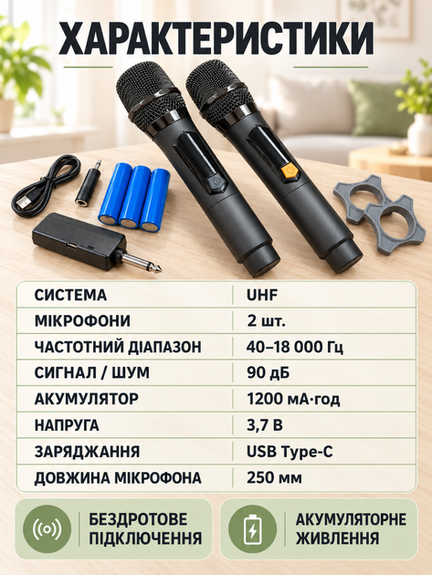 Портативная беспроводная караоке-система UHF на 2 аккумуляторных микрофона с приемником и зарядкой USB-C для вокала и караоке черная (37261121) - изображение 6