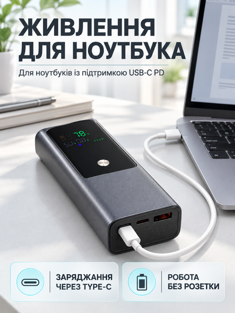 Повербанк 20000 мА·ч с быстрой зарядкой PD 100W и цифровым дисплеем для ноутбука смартфона темно-серый (37261134) - изображение 8