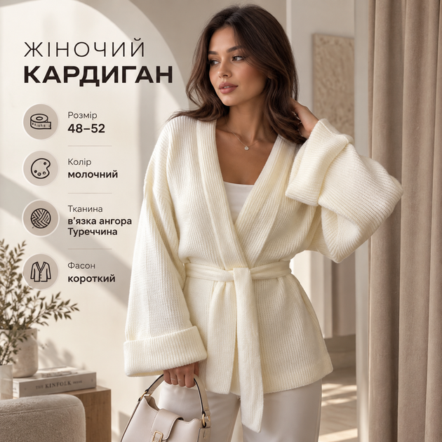 Короткий вязаный кардиган молочного цвета размер 48–52, ангора - Фото 1 Короткий вязаный кардиган молочного цвета размер 48–52, ангора - изображение 1