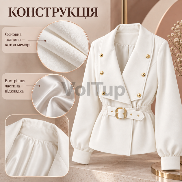 Укороченный тренч-пиджак белый 44–46, женская модель на подкладке из ткани коттон мемори - Фото 4 Укороченный тренч-пиджак белый 44–46, женская модель на подкладке из ткани коттон мемори - изображение 4