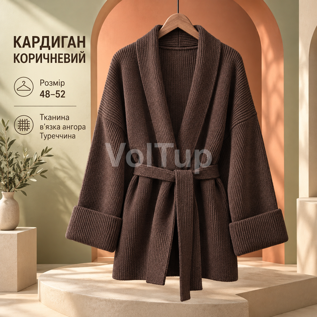 Кардиган короткий коричневый 48–52 из ангоры , вязаный женский кардиган на межсезонье - Фото 1 Кардиган короткий коричневый 48–52 из ангоры , вязаный женский кардиган на межсезонье - изображение 1
