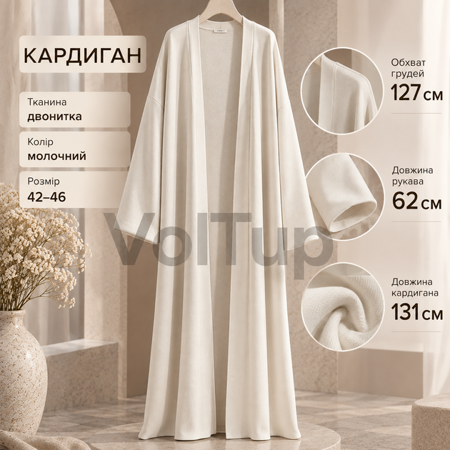 Женский комплект платье + кардиган размер 42–46 молочный, платье в рубчик и кардиган из двунитки - Фото 3 Женский комплект платье + кардиган размер 42–46 молочный, платье в рубчик и кардиган из двунитки - изображение 3