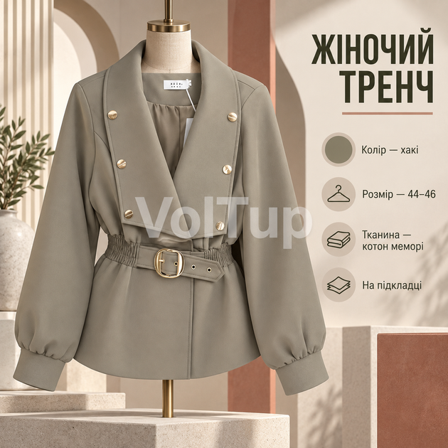 Тренч укороченый хаки размер 44–46 из ткани коттон мемори на подкладке - Фото 1 Тренч укороченый хаки размер 44–46 из ткани коттон мемори на подкладке - изображение 1