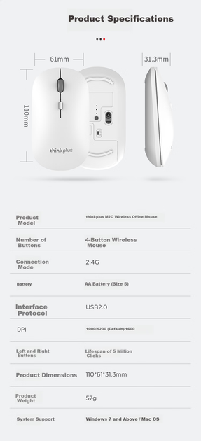 Миша Lenovo ThinkPlus M20 Wireless Black - зображення 6