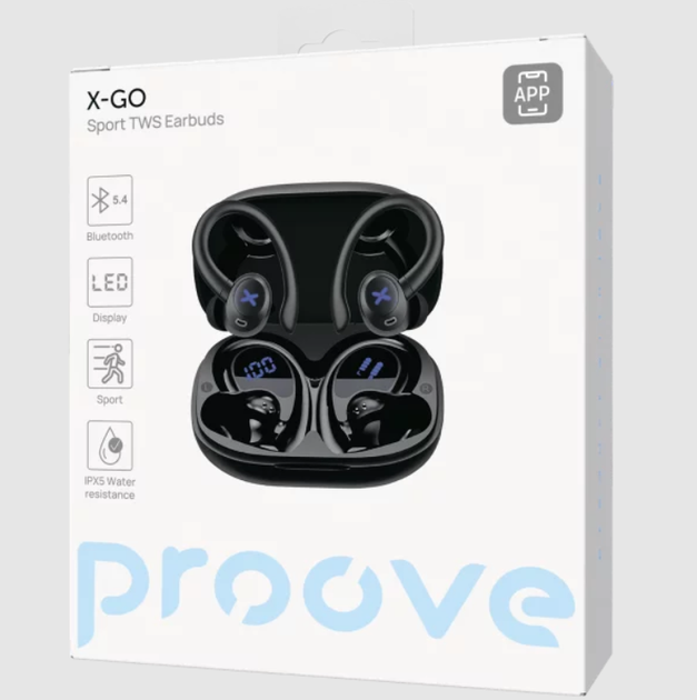 Спортивные беспроводные наушники TWS Proove X-Go Bluetooth 5.4 с креплением за ухо, IPX5, 10 мм, APP, LED-дисплей, черные - изображение 8