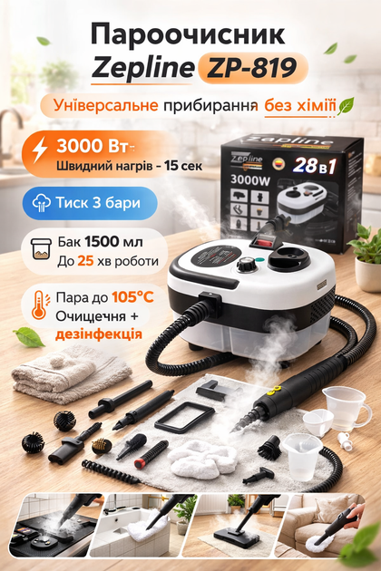 Пароочисник Zepline ZP-819 для дому 28 в 1 3000 Вт з резервуаром 1500 мл - изображение 3