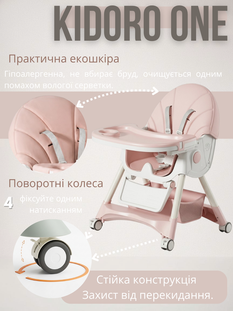 Стільчик для годування Kidoro One ST-6540 Pink екошкіра, 5-точкові ремені, регулювання спинки, колеса зі стопорами, до 50 кг - Фото 3 Стільчик для годування Kidoro One ST-6540 Pink екошкіра, 5-точкові ремені, регулювання спинки, колеса зі стопорами, до 50 кг - зображення 3