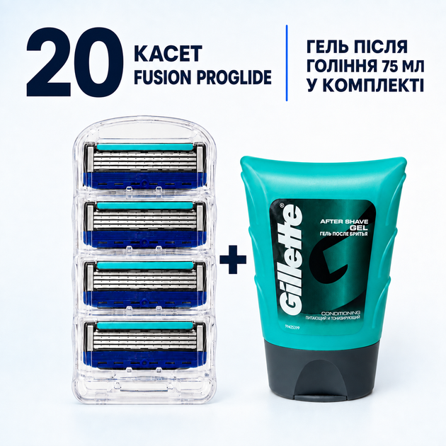 Набір Fusion ProGlide: 20 змінних касет і гель після гоління Gillette 75 мл у подарунок - Фото 1 Набір Fusion ProGlide: 20 змінних касет і гель після гоління Gillette 75 мл у подарунок - изображение 1