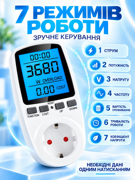 Ваттметр в розетку енергометр вольтметр амперметр ватметр вольтметр з підсвіткою багатофункціональний побутовий Intertek 3680W - Фото 6 Ваттметр в розетку енергометр вольтметр амперметр ватметр вольтметр з підсвіткою багатофункціональний побутовий Intertek 3680W - зображення 6