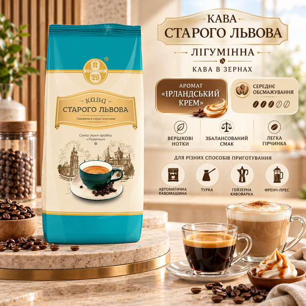 Кофе в зернах 1000 г Старого Львова Лигуминна зерновой кофе купаж арабики робусты средней обжарки с ароматом Ирландский крем легкой горчинкой для кофемашины турки гейзерной кофеварки френч-пресса - Фото 1 Кофе в зернах 1000 г Старого Львова Лигуминна зерновой кофе купаж арабики робусты средней обжарки с ароматом Ирландский крем легкой горчинкой для кофемашины турки гейзерной кофеварки френч-пресса - изображение 1