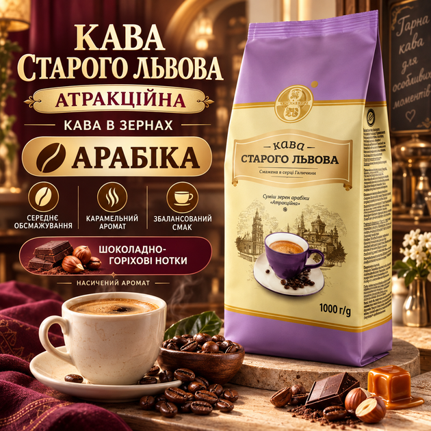 Кава в зернах 1000 г Старого Львова Атракційна натуральна зернова кава арабіка Уганда Кенія середнього обсмаження з ароматом карамелі шоколадно горіховими нотами для кавомашини еспресо френч преса - Фото 1 Кава в зернах 1000 г Старого Львова Атракційна натуральна зернова кава арабіка Уганда Кенія середнього обсмаження з ароматом карамелі шоколадно горіховими нотами для кавомашини еспресо френч преса - зображення 1