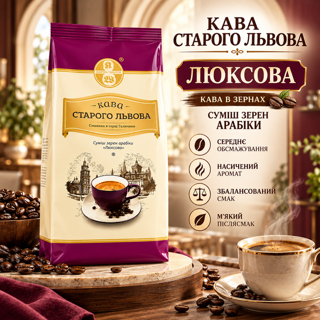 Кава зернова 1020 г Старого Львова Люксова суміш арабіки середнього обсмаження ароматна кава зі збалансованим смаком м’яким післясмаком для дому офісу кав’ярні автоматичної кавомашини турки - Фото 1 Кава зернова 1020 г Старого Львова Люксова суміш арабіки середнього обсмаження ароматна кава зі збалансованим смаком м’яким післясмаком для дому офісу кав’ярні автоматичної кавомашини турки - зображення 1