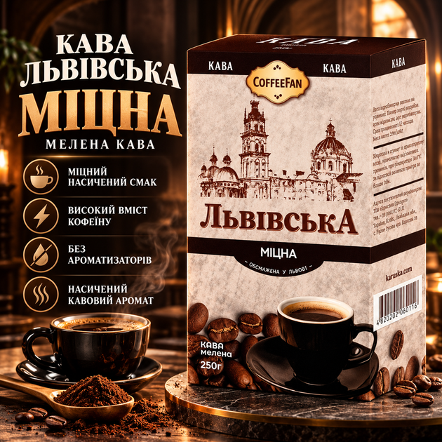 Кофе молотый 250 г Львовский Крепкий натуральный обжаренный с высоким содержанием кофеина без ароматизаторов крепкий вкус в вакуумной упаковке для заваривания чашки дома офиса ежедневного приготовления - Фото 1 Кофе молотый 250 г Львовский Крепкий натуральный обжаренный с высоким содержанием кофеина без ароматизаторов крепкий вкус в вакуумной упаковке для заваривания чашки дома офиса ежедневного приготовления - изображение 1