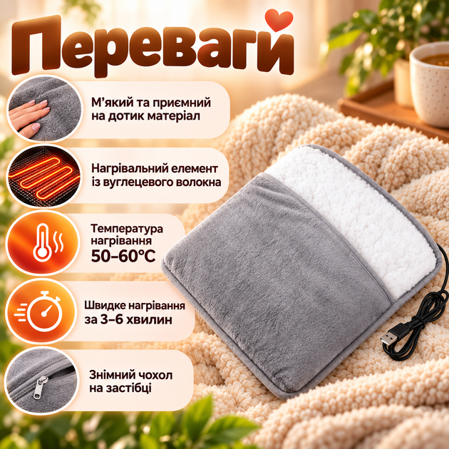 Електрична грілка для рук і ніг USB 5V 50–60°C 29×29 см з вуглецевим нагрівальним елементом Сіра фланелева термогрілка для тіла - Фото 4 Електрична грілка для рук і ніг USB 5V 50–60°C 29×29 см з вуглецевим нагрівальним елементом Сіра фланелева термогрілка для тіла - зображення 4