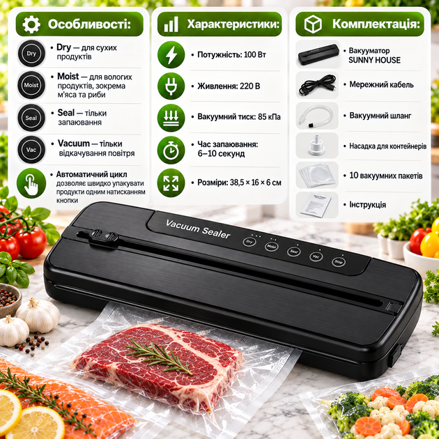 Вакууматор SUNNY HOUSE 100 Вт 85 кПа до 30 см автоматический для продуктов - изображение 3