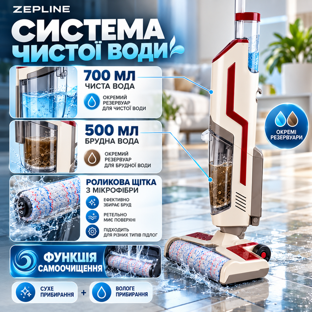 Моющий пылесос ZEPLINE беспроводной вертикальный для влажной сухой уборки пола 180 Вт аккумуляторный 3000 мАч 5,5 кПа с функцией самоочистки до 45 мин - изображение 2