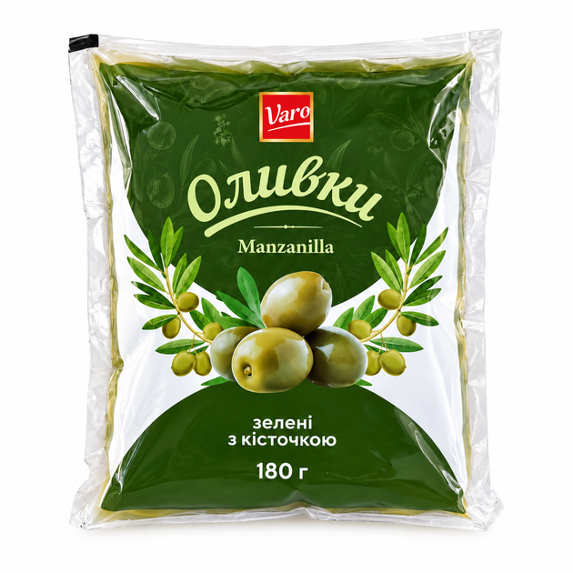 Оливки зелені Varо Manzanilla з кісточкою, 180 г - 12 шт - Фото 1 Оливки зелені Varо Manzanilla з кісточкою, 180 г - 12 шт - изображение 1