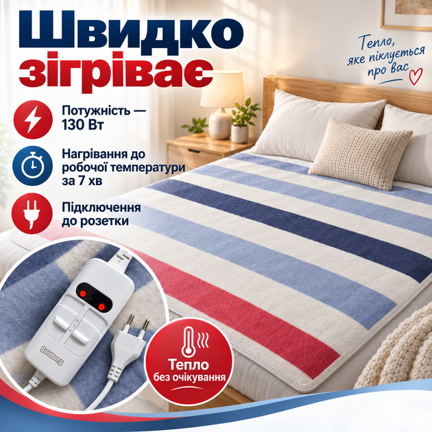 Электропростынь двуспальная с регулировкой температуры и 2-мя зонами нагрева Goldberg 150*180 см 130W, Двухзонное электрическое покрывало 220В - Фото 6 Электропростынь двуспальная с регулировкой температуры и 2-мя зонами нагрева Goldberg 150*180 см 130W, Двухзонное электрическое покрывало 220В - изображение 6