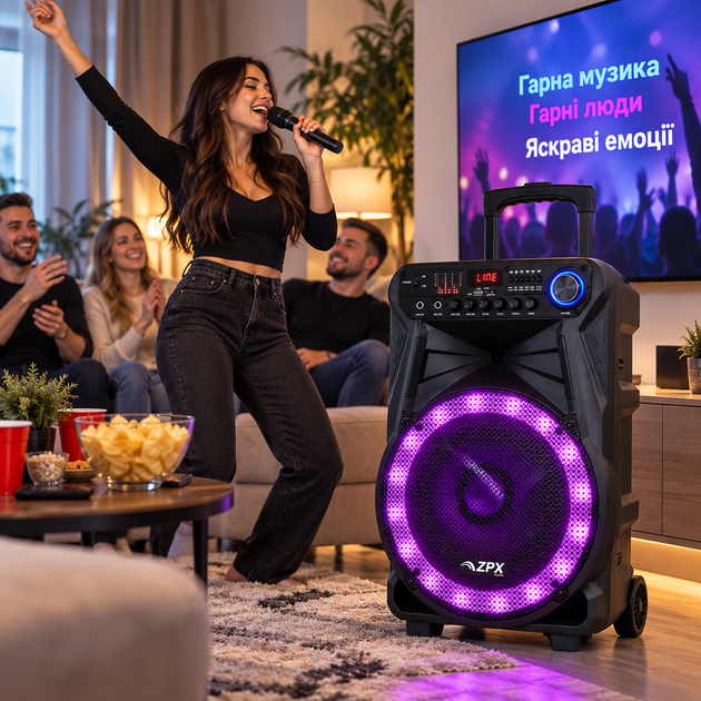 Акустическая система ZPX 12", Bluetooth, микрофон, караоке, TWS, USB/SD/AUX/FM, LED, аккумулятор 12В 12А·ч - изображение 5