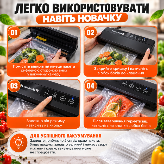 Вакууматор для продуктів Vacuum Sealer 110 Вт 60 кПа вакуумний пакувальник для сухих і вологих продуктів із пакетами - изображение 9