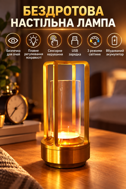 Настольная LED лампа-ночник аккумуляторная, металлическая, с регулировкой яркости и 3 цветами света, золотистая - изображение 2