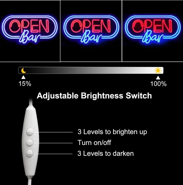 Неоновая LED вывеска OPEN Bar 42×22 см, световая табличка для бара, паба и ресторана, USB - Фото 2 Неоновая LED вывеска OPEN Bar 42×22 см, световая табличка для бара, паба и ресторана, USB - изображение 2