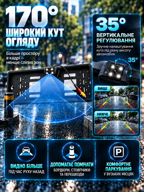 Рамка для номера со встроенной камерой заднего вида, камера и авторамка с LED подсветкой угол обзора 170° Euromax - изображение 5