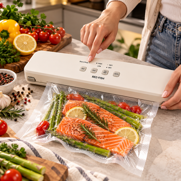 Акумуляторний вакуумний пакувальник Red Fish для продуктів з пакетами бездротовий портативний вакууматор для зберігання їжі - изображение 6