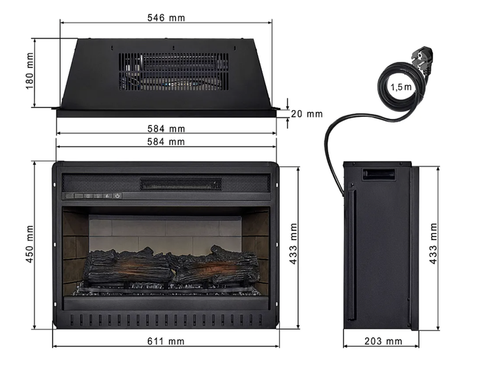 Електрокамін ArtiFlame 1800 Вт до 30 м² вбудовуваний 3D полум’я Обігрівач з пультом цифровим термостатом таймером LED-підсвічуванням для дому - зображення 6
