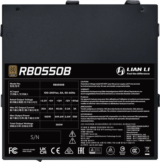 Блок живлення Lian Li RB Bronze 550 Black (G9P.RB0550B.B000.EU) - Фото 5 Блок живлення Lian Li RB Bronze 550 Black (G9P.RB0550B.B000.EU) - зображення 5