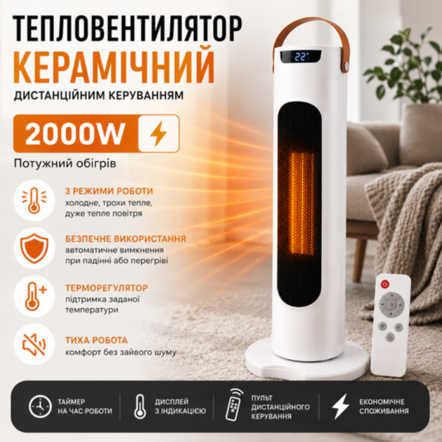 Тепловентилятор керамический до 30 м² 2000 Вт Напольный электрический обогреватель с LED-дисплеем 3 режима Электрообогреватель мобильный - изображение 2