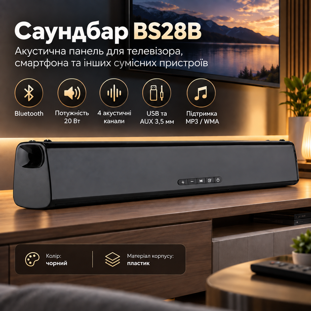 Акустическая система BS28B черная с сабвуфером Bluetooth саундбар для телевизора и ПК - Фото 1 Акустическая система BS28B черная с сабвуфером Bluetooth саундбар для телевизора и ПК - изображение 1