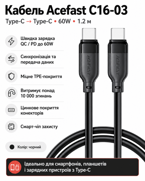 Кабель ACEFAST C16-03, Type-C to Type-C, 60W, 1.2m, TPE, TPU connectors, Black (6974316283805) - Фото 1 Кабель ACEFAST C16-03, Type-C to Type-C, 60W, 1.2m, TPE, TPU connectors, Black (6974316283805) - зображення 1