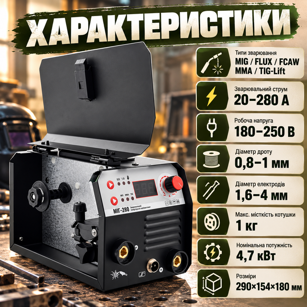 Напівавтомат для зварювання ВАРКО МІГ-280 з режимами MIG/FLUX/FCAW/MMA/TIG-Lift діапазоном струму 20–280 А без газу для флюсового порошкового дроту діаметром 0,8–1 мм - зображення 3