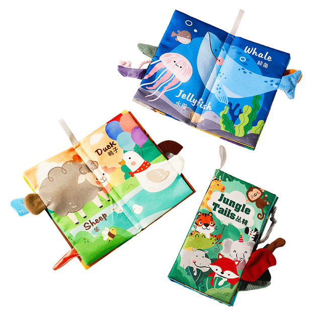 Набор из 3 мягких книжек-переносок для малышей Xinger Baby Cloth Books: прочные, износостойкие, моющиеся, не выцветающие, с рисунком «Океан, джунгли, ферма, хвост». - изображение 4
