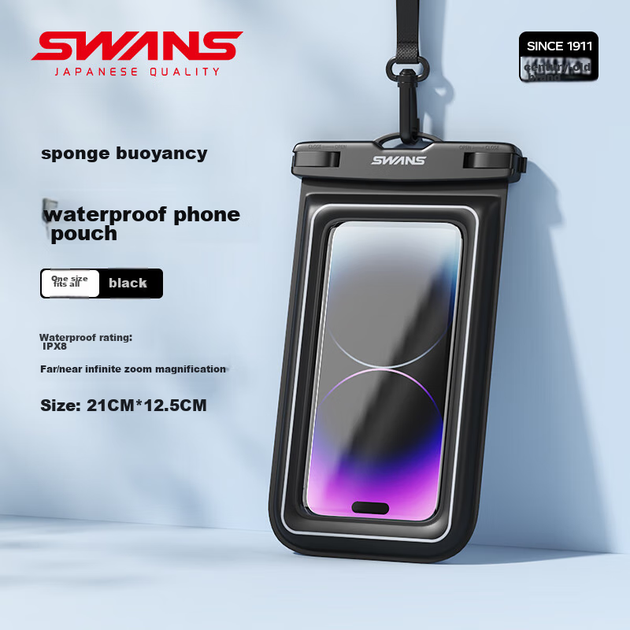 Водонепроницаемый чехол для телефона SWANS с сенсорным экраном, большим ремешком, подходит для использования в горячих источниках, подводной фотосъемки, дайвинга, плавания, велоспорта, черный. - изображение 5