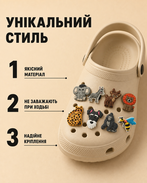 Джибитсы Животные, звери, сафари, джунгли, слон, ослик, оленя, лев, леопард, собака, горилла, пчела Jibbitz 8 шт аксессуары крокс украшение - Фото 2 Джибитсы Животные, звери, сафари, джунгли, слон, ослик, оленя, лев, леопард, собака, горилла, пчела Jibbitz 8 шт аксессуары крокс украшение - изображение 2