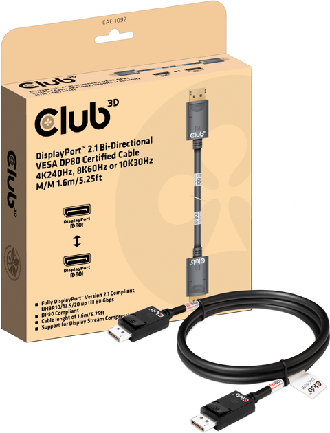 Kabel Club 3D DisplayPort 2.1 VESA DP80 1.6 m Black (CAC-1092) - obraz 3