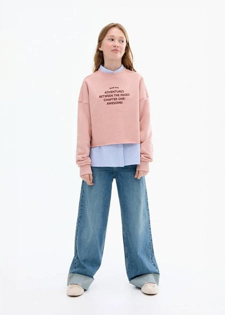 Світшот для дівчинки Mango рожевий 152 трикотаж двонитка без утеплення укорочений з написом - Фото 3 Світшот для дівчинки Mango рожевий 152 трикотаж двонитка без утеплення укорочений з написом - изображение 3