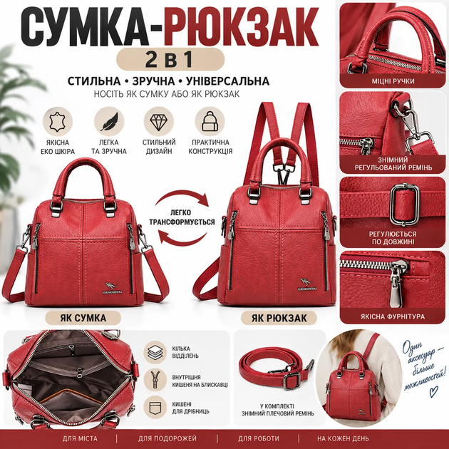 Рюкзак сумка женский городской трансформер Красный (2043К) - изображение 3