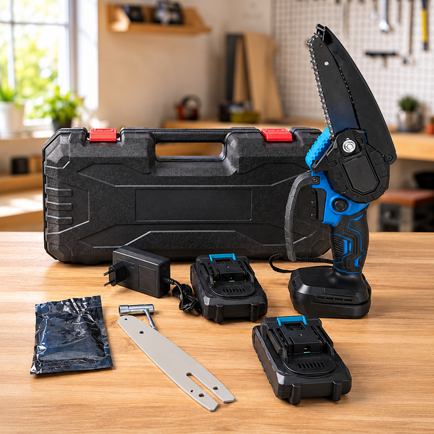 Аккумуляторная цепная мини-пила Electric SAW BLUE 6″ 20V/4Ah с кейсом и 2 аккумуляторами Садовая ручная электропила Мини-цепная пила для обрезки веток Аккумуляторная пилка для сада и дачи - изображение 8