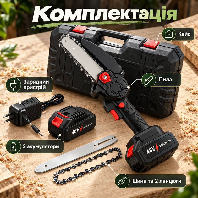 Аккумуляторная цепная мини-пила 6″ 48V с 2 аккумуляторами и кейсом Компактная садовая электропила для обрезки деревьев и веток Беспроводная мини-пила для работы в саду и на даче - изображение 2