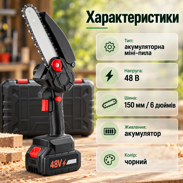 Аккумуляторная цепная мини-пила 6″ 48V с 2 аккумуляторами и кейсом Компактная садовая электропила для обрезки деревьев и веток Беспроводная мини-пила для работы в саду и на даче - изображение 4
