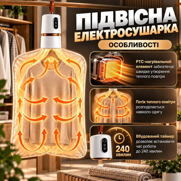 Электрическая сушилка для одежды 200 Вт PTC 360° с таймером до 240 мин Портативная подвесная складная с сушильным мешком для вещей текстиля - Фото 4 Электрическая сушилка для одежды 200 Вт PTC 360° с таймером до 240 мин Портативная подвесная складная с сушильным мешком для вещей текстиля - изображение 4