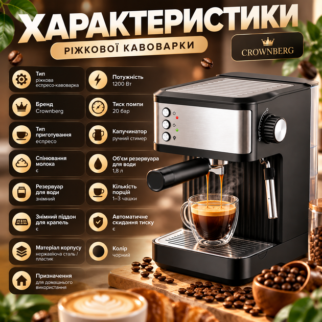 Кавомашина ріжкова Crownberg 1200 Вт 20 бар кавоварка для меленої кави з капучинатором стимером для еспресо капучино та лате 1.8 л - зображення 3