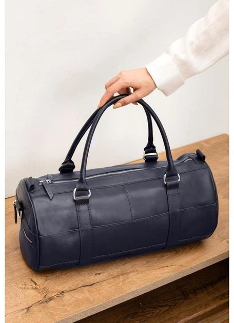 Чоловіча шкіряна дорожня сумка Harper (barrel bag) з натуральної шкіри Krast з ременем темно-синя 59750 - зображення 9