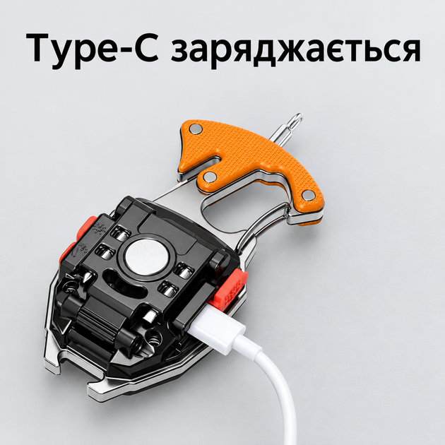 Многофункциональный аккумуляторный карманный LED фонарик-брелок 7 в 1 с зарядкой Type-C зажигалкой карабином магнитом открывалкой и отверткой. - изображение 5