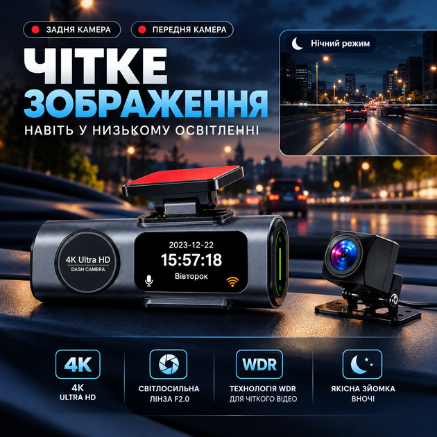 Автомобільний відеореєстратор Yikoo OK-309 4K + 1080P, Wi-Fi, нічне бачення, задня камера, GPS - зображення 6