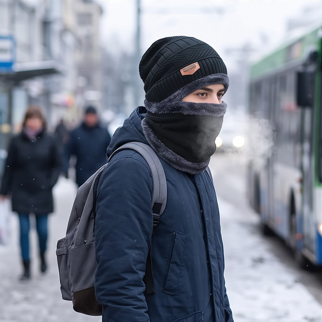 Комплект мужской шапка + бафф-снуд на меховой подкладке 56-60 см универсальный зимний трикотажный набор для мужчин Черный - Фото 5 Комплект мужской шапка + бафф-снуд на меховой подкладке 56-60 см универсальный зимний трикотажный набор для мужчин Черный - изображение 5